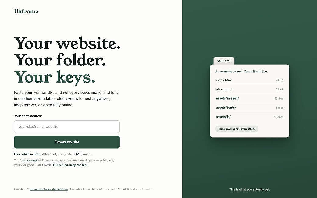 Náhled webu nástroje Unframe